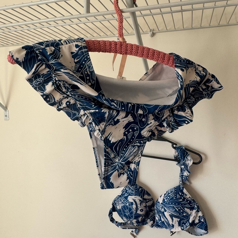 Commense Navy and White Floral Ruffle Bandeau Bikini